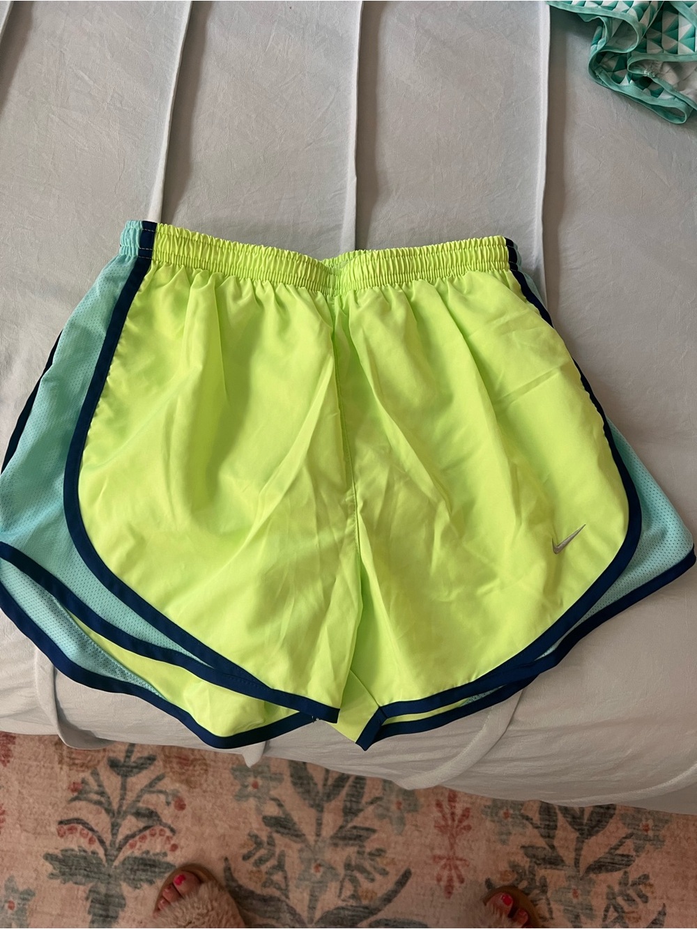 Nike Women's Neon Yellow Running Shorts with Navy Trim